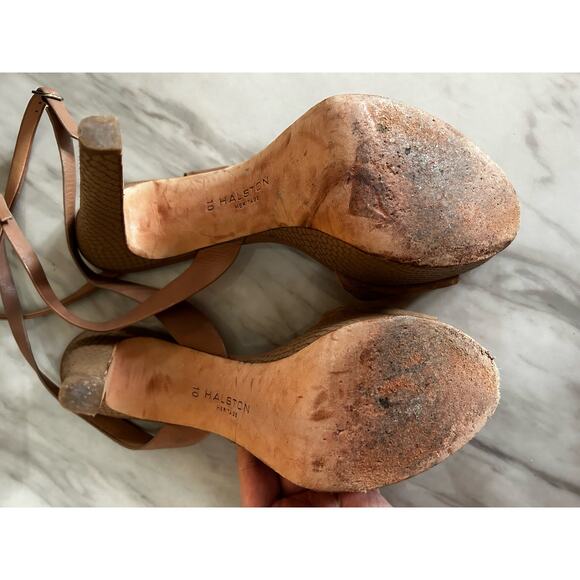 Halston Heritage Bobbie Tan Brown Suede Snakeskin Platform Heel Sandals - Picture 5 of 9